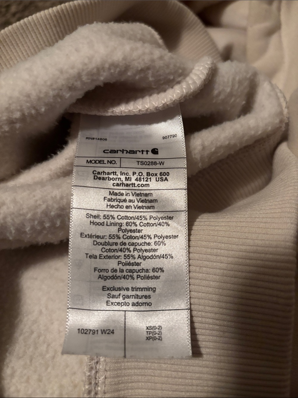Carhartt Women’s Cream Hoodie with Brown Logo Sleeve - Picture 6 of 6
